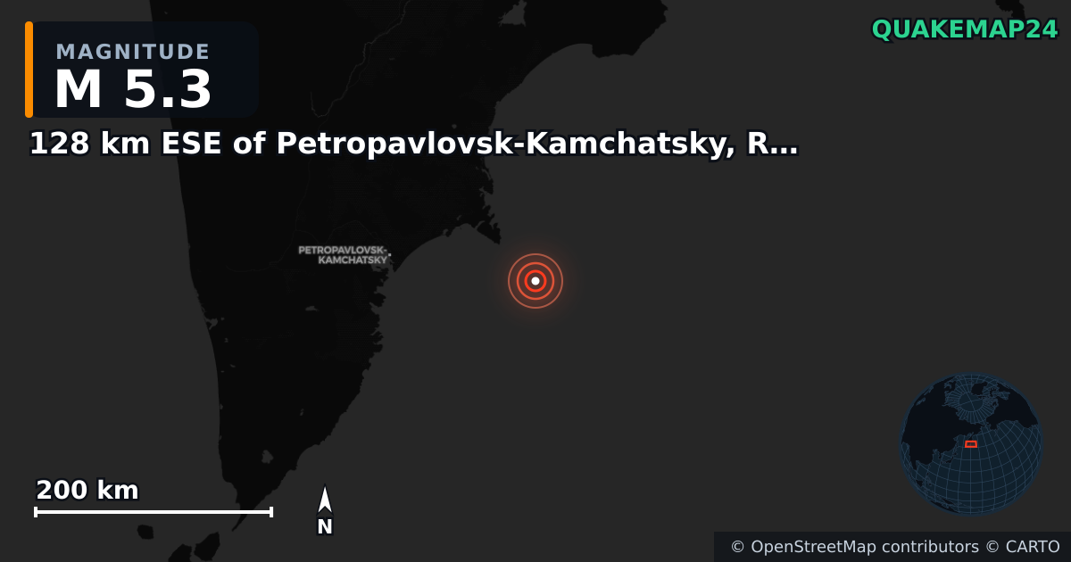 128 km ESE of Petropavlovsk-Kamchatsky, Russia yakınında M5,3 deprem — Deprem merkez üssünün konumunu gösteren harita