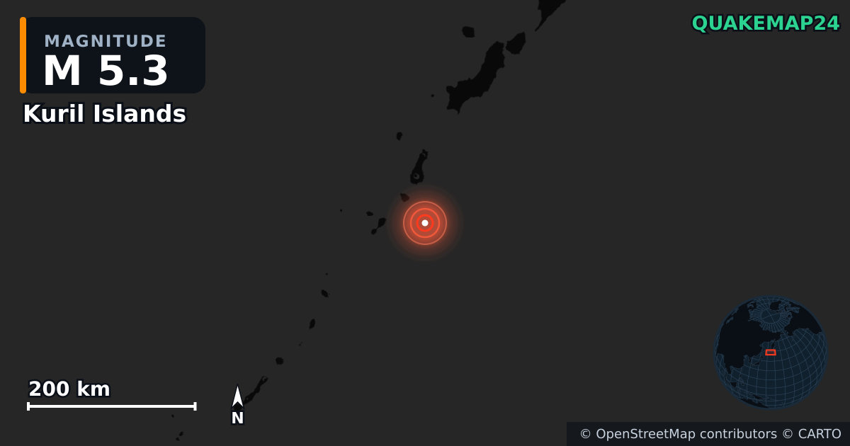 M5.3 earthquake near Kuril Islands on Oct 13, 2025 — map of epicenter and shaking intensity | QuakeMap24