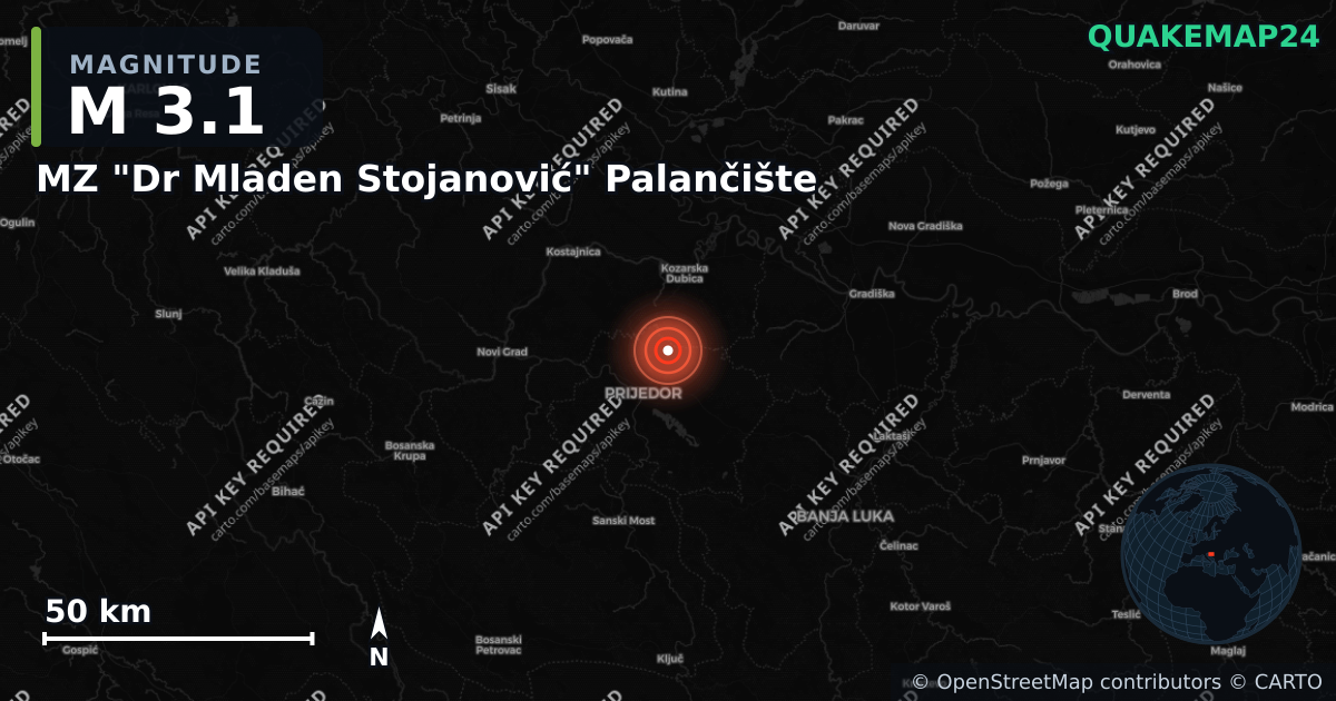 M3.1 earthquake near MZ "Dr Mladen Stojanović" Palančište on Aug 28, 2026 — map of epicenter and shaking intensity | QuakeMap24