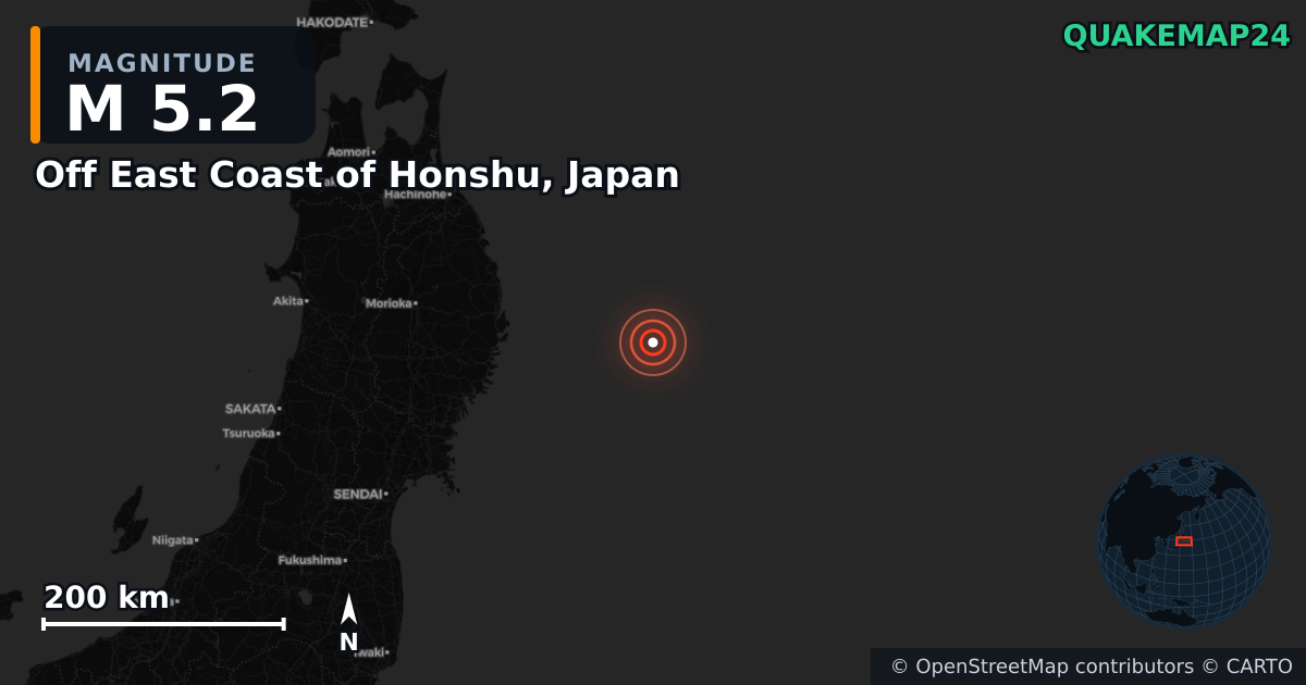 M5.2 earthquake near Off East Coast of Honshu, Japan on Nov 9, 2025 — map of epicenter and shaking intensity | QuakeMap24