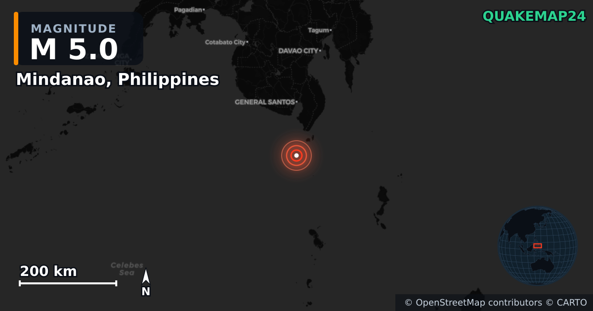 M5.0 earthquake near Mindanao, Philippines on Jun 8, 2026 — map of epicenter and shaking intensity | QuakeMap24