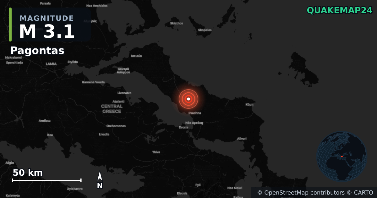 M3.1 earthquake near Pagontas on Jun 10, 2026 — map of epicenter and shaking intensity | QuakeMap24