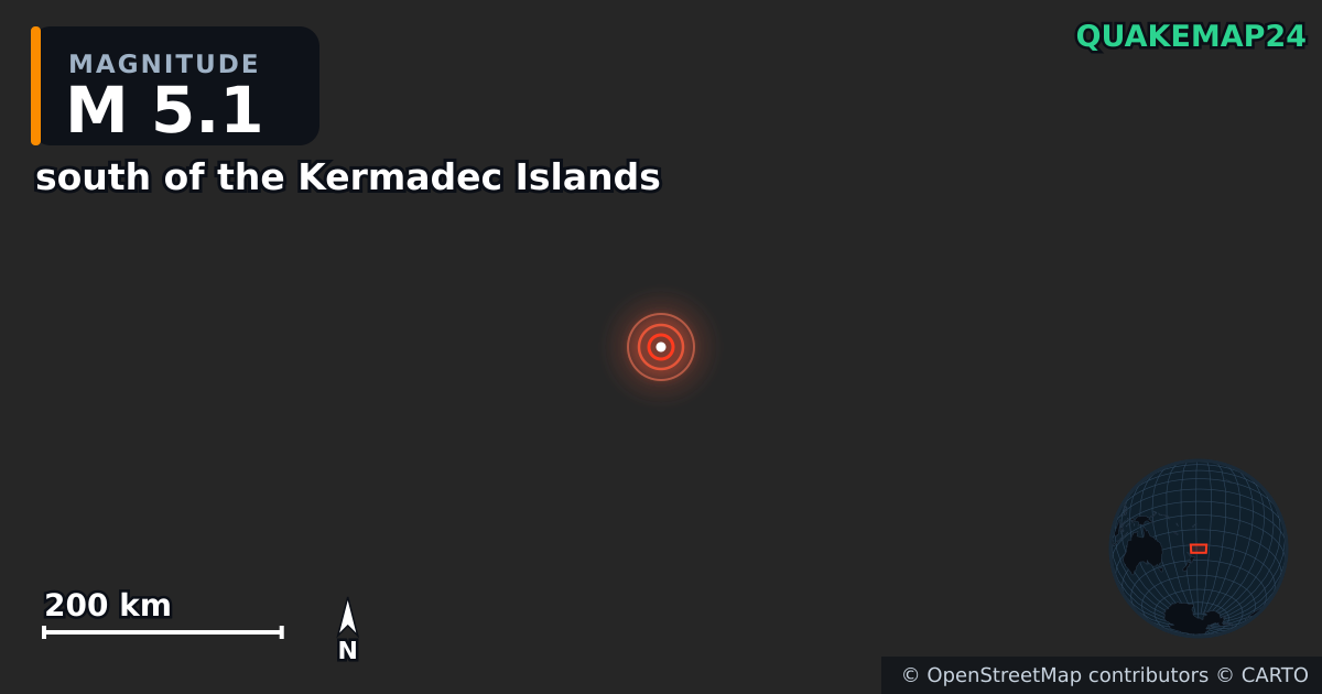M5.1 earthquake near south of the Kermadec Islands on Apr 20, 2026 — map of epicenter and shaking intensity | QuakeMap24