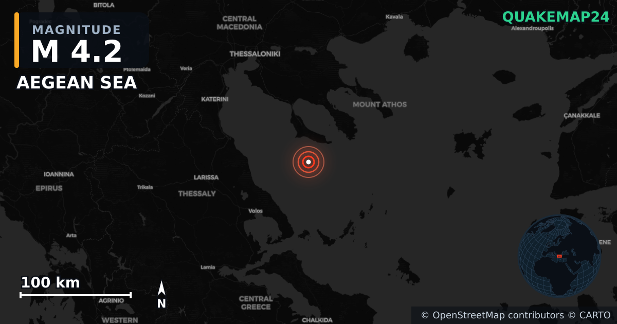M4.2 earthquake near AEGEAN SEA on Jun 16, 2025 — map of epicenter and shaking intensity | QuakeMap24