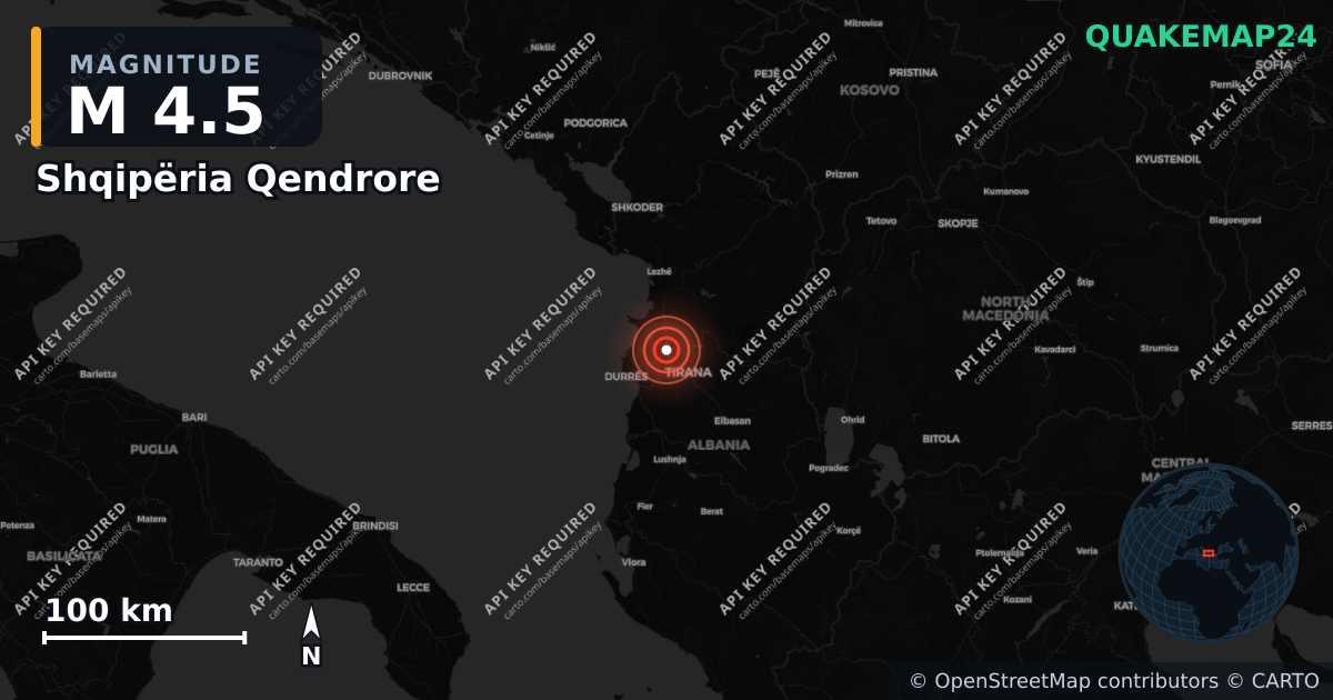 M4.5 earthquake near Shqipëria Qendrore on Jun 24, 2025 — map of epicenter and shaking intensity | QuakeMap24