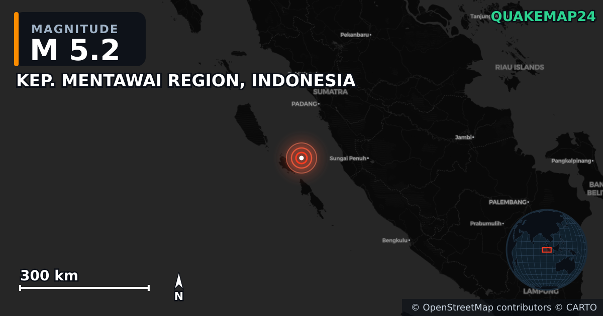 M5.2 earthquake near KEP. MENTAWAI REGION, INDONESIA on Apr 4, 2026 — map of epicenter and shaking intensity | QuakeMap24