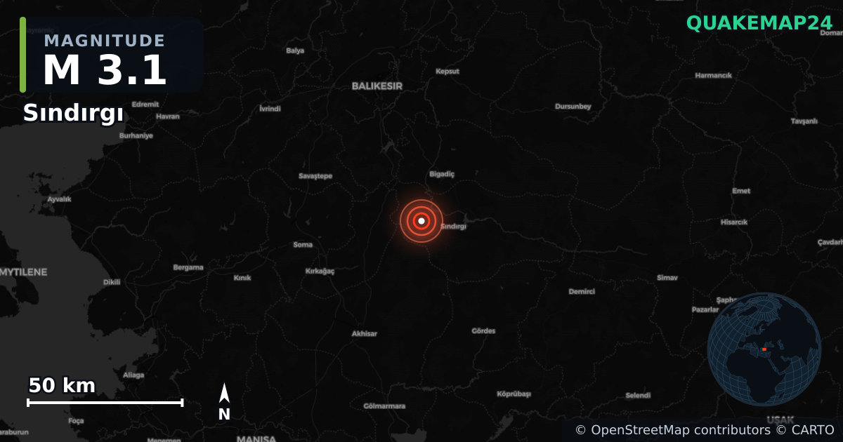 M3.1 earthquake near Sındırgı on Aug 19, 2025 — map of epicenter and shaking intensity | QuakeMap24