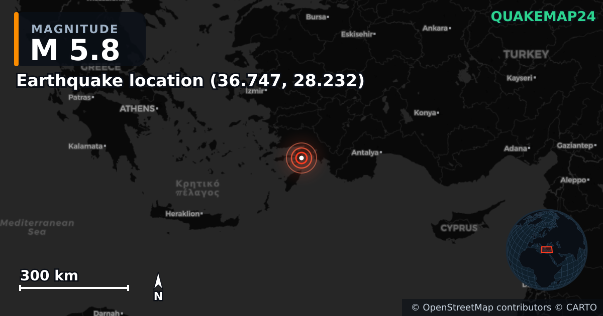 M5.8 earthquake near Ubicación del terremoto (36.747, 28.232) on Jun 2, 2025 — map of epicenter and shaking intensity | QuakeMap24