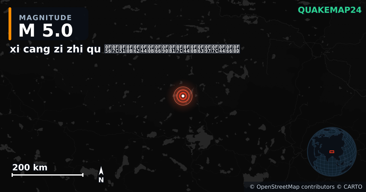 M5.0 earthquake near xi cang zi zhi qu བོད་རང་སྐྱོང་ལྗོངས། on Aug 26, 2025 — map of epicenter and shaking intensity | QuakeMap24