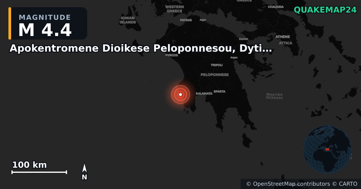 M4.4 earthquake near Apokentromene Dioikese Peloponnesou, Dytikes Elladas kai Ioniou on Sep 30, 2025 — map of epicenter and shaking intensity | QuakeMap24