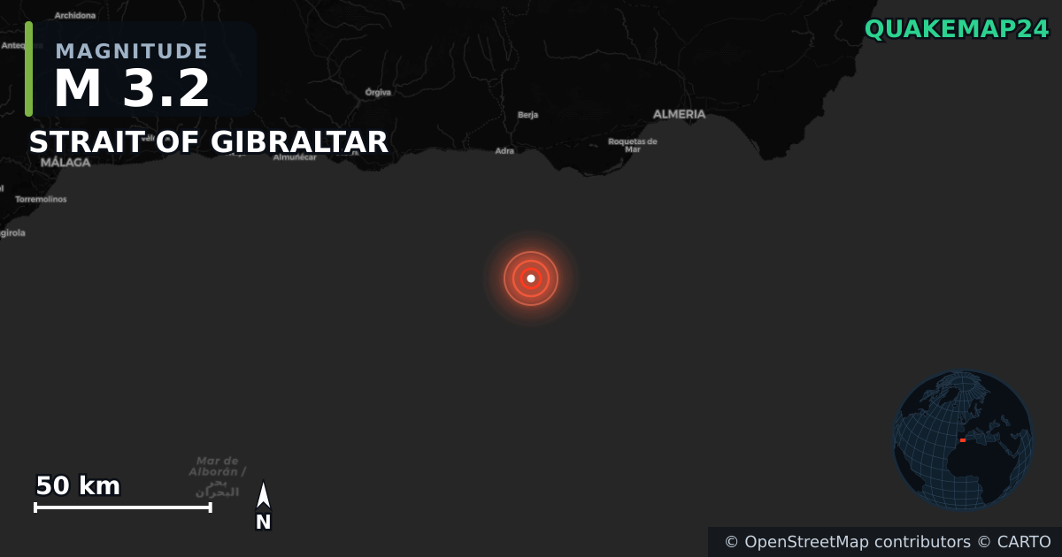 M3.2 earthquake near STRAIT OF GIBRALTAR on Apr 6, 2026 — map of epicenter and shaking intensity | QuakeMap24