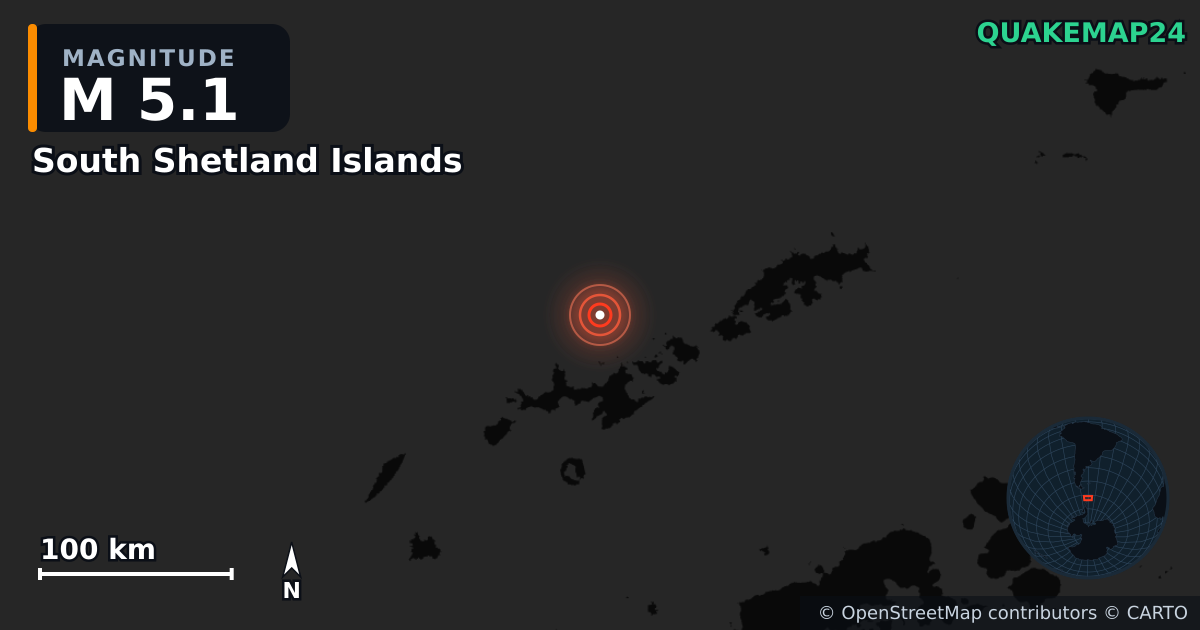 M5.1 Earthquake near South Shetland Islands · 2026-04-09 — Map showing the location of the epicenter