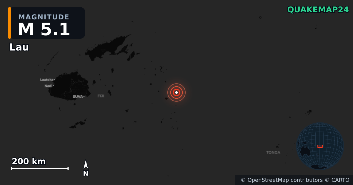 Sismo de M5,1 perto de Lau, Eastern (Fiji) · 2026-10-08 — Mapa da localização do epicentro