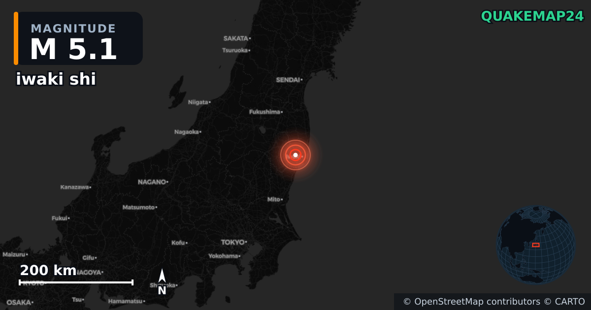 M5.1 earthquake near iwaki shi on Aug 28, 2025 — map of epicenter and shaking intensity | QuakeMap24