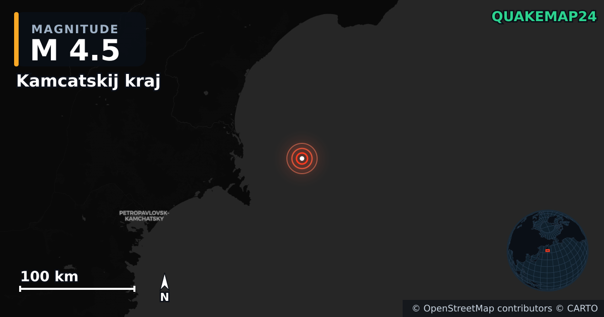 M4.5 earthquake near Kamcatskij kraj on Oct 17, 2025 — map of epicenter and shaking intensity | QuakeMap24