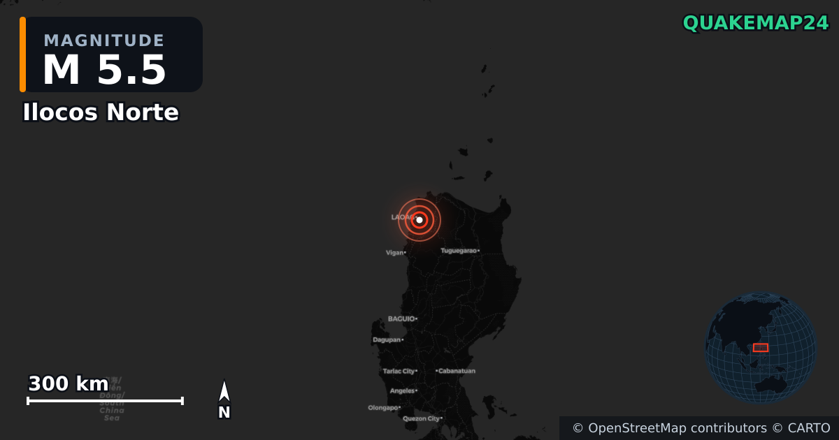 M5.5 earthquake near Ilocos Norte on Jul 15, 2025 — map of epicenter and shaking intensity | QuakeMap24