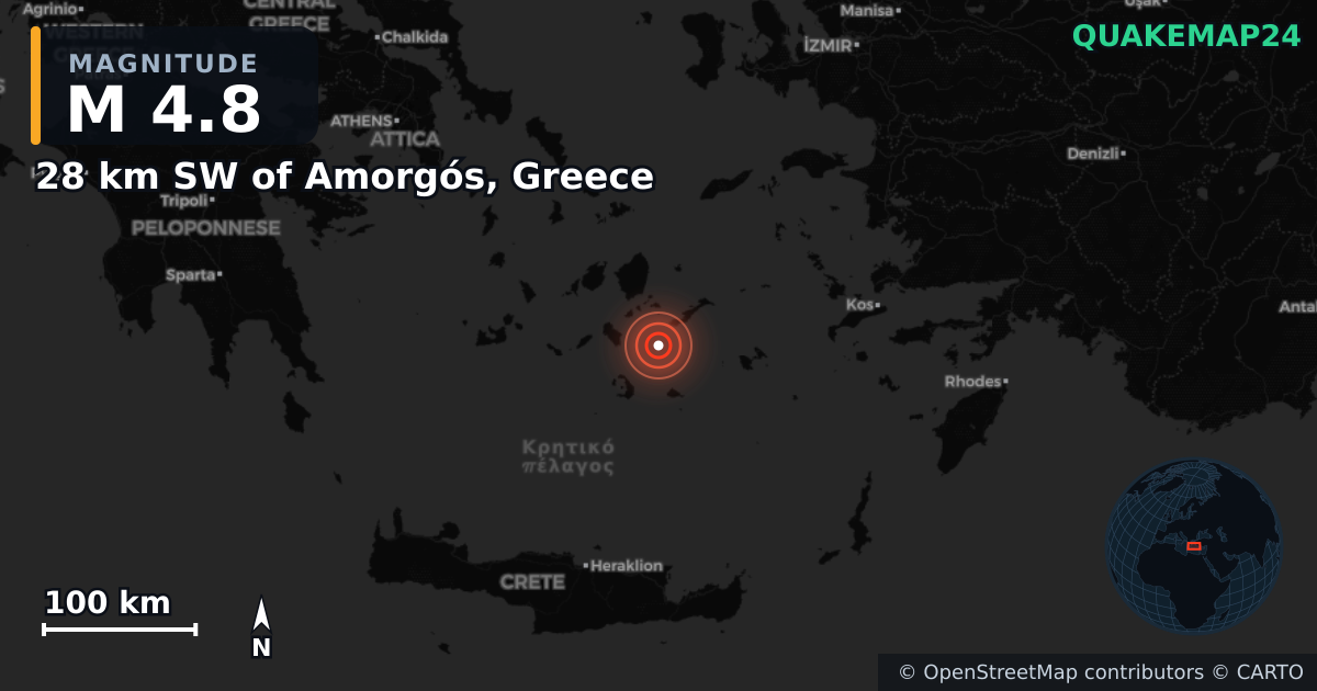 M4.8 earthquake near 28 km SW of Amorgós, Greece on Feb 2, 2025 — map of epicenter and shaking intensity | QuakeMap24