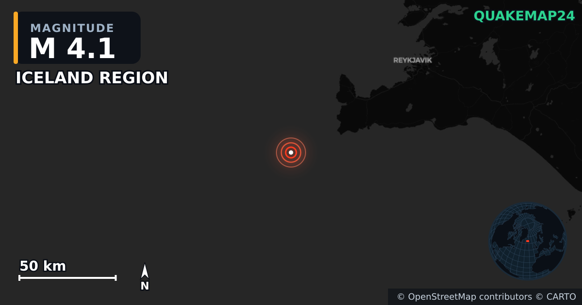 M4.1 earthquake near ICELAND REGION on May 24, 2025 — map of epicenter and shaking intensity | QuakeMap24
