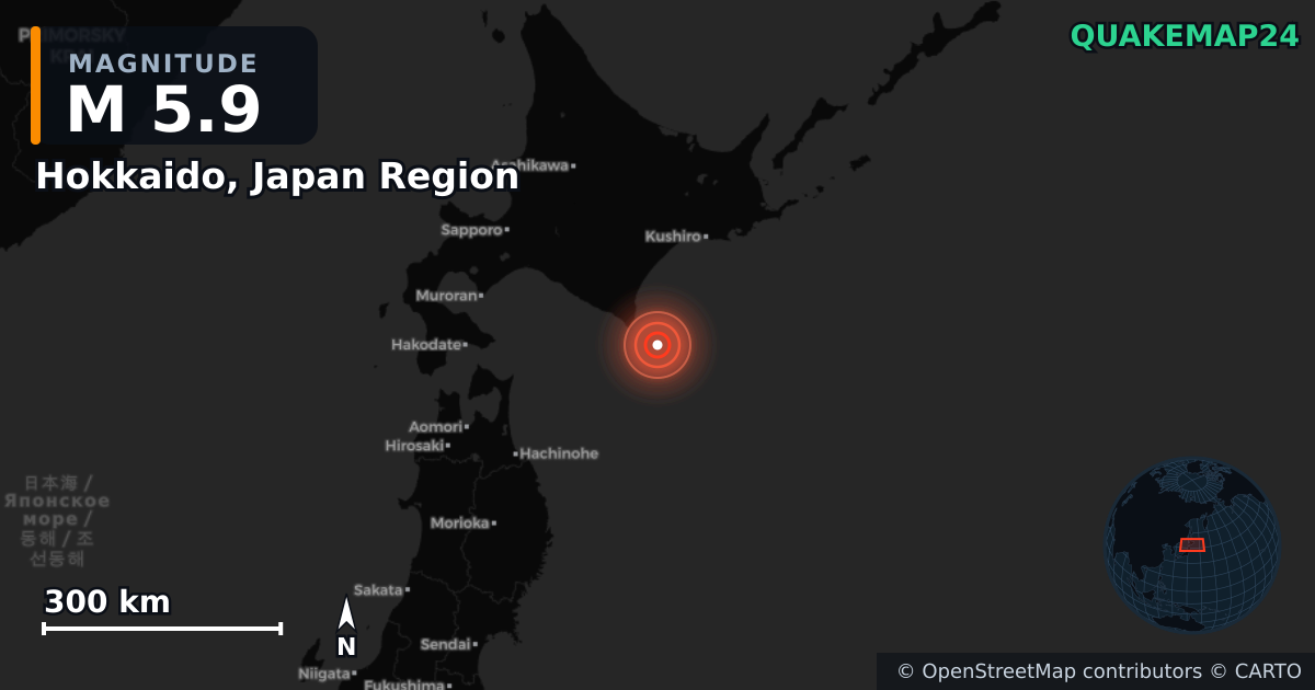 M5.9 earthquake near Hokkaido, Japan Region on Jun 1, 2025 — map of epicenter and shaking intensity | QuakeMap24
