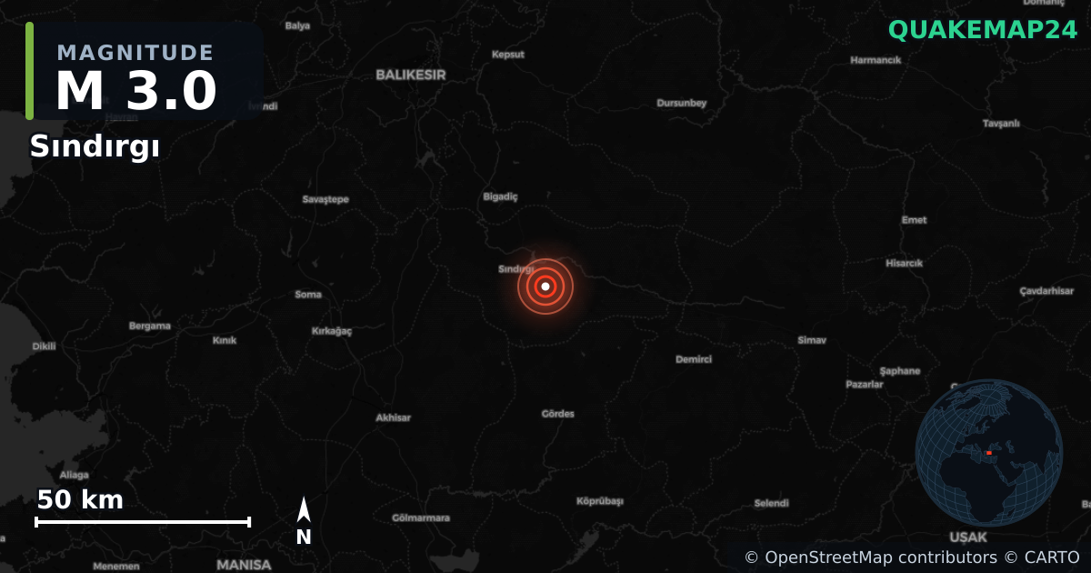 M3.0 earthquake near Sındırgı on Aug 28, 2025 — map of epicenter and shaking intensity | QuakeMap24