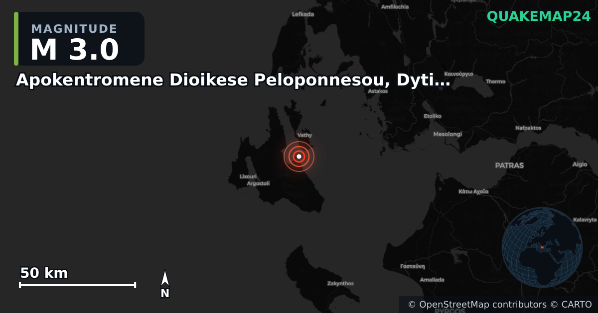 M3.0 earthquake near Apokentromene Dioikese Peloponnesou, Dytikes Elladas kai Ioniou on Jun 30, 2025 — map of epicenter and shaking intensity | QuakeMap24