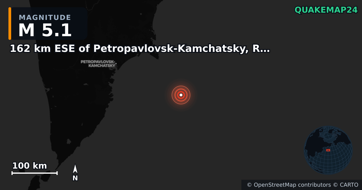 M5.1 earthquake near 162 km ESE of Petropavlovsk-Kamchatsky, Russia on Jul 30, 2025 — map of epicenter and shaking intensity | QuakeMap24