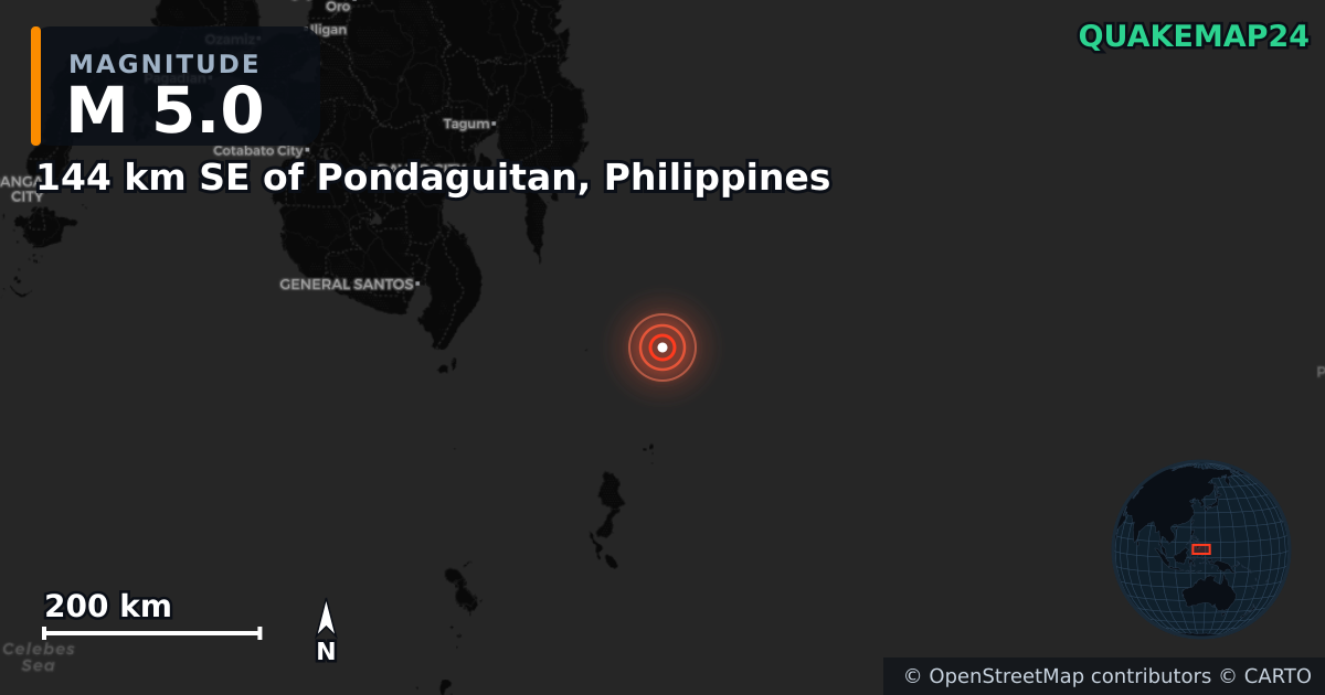 M5.0 Earthquake near 144 km SE of Pondaguitan, Philippines · 2026-06-17 — Map showing the location of the epicenter