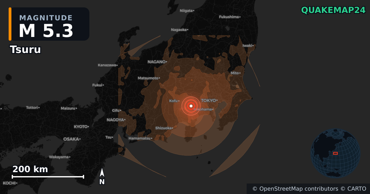 M5.3 earthquake near Tsuru on Jun 26, 2026 — map of epicenter and shaking intensity | QuakeMap24