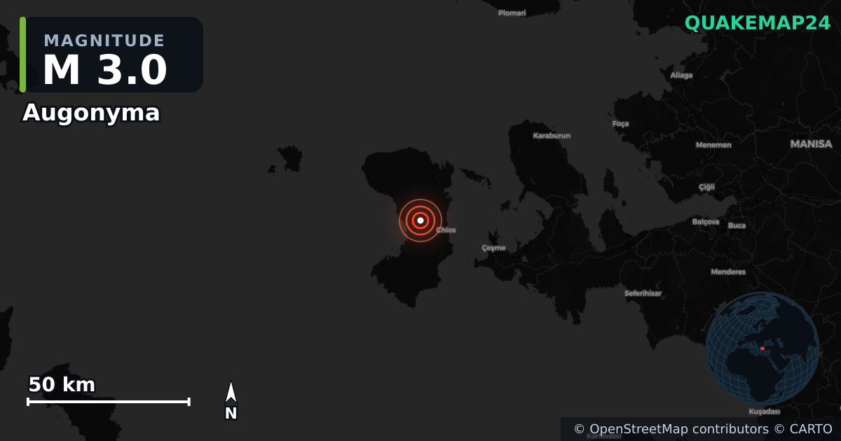 M3.0 earthquake near Augonyma on Sep 1, 2025 — map of epicenter and shaking intensity | QuakeMap24