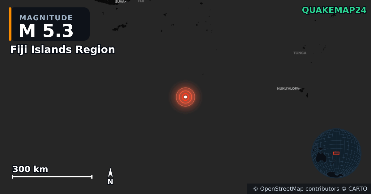 M5.3 earthquake near Fiji Islands Region on Dec 4, 2025 — map of epicenter and shaking intensity | QuakeMap24