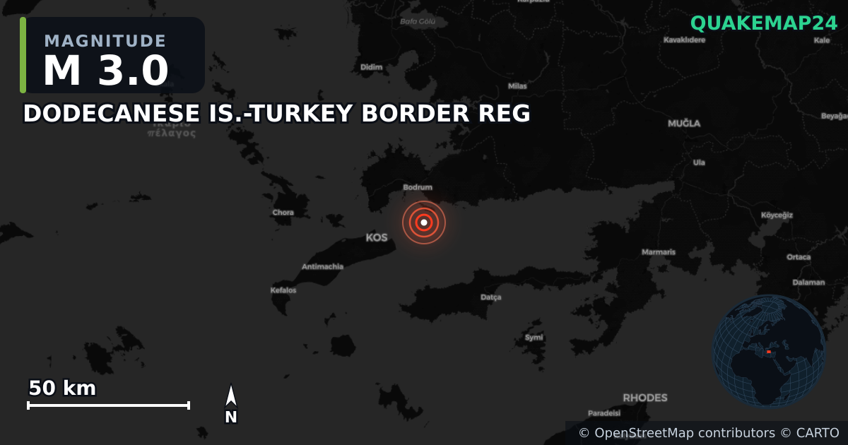 M3.0 earthquake near DODECANESE IS.-TURKEY BORDER REG on Sep 27, 2025 — map of epicenter and shaking intensity | QuakeMap24