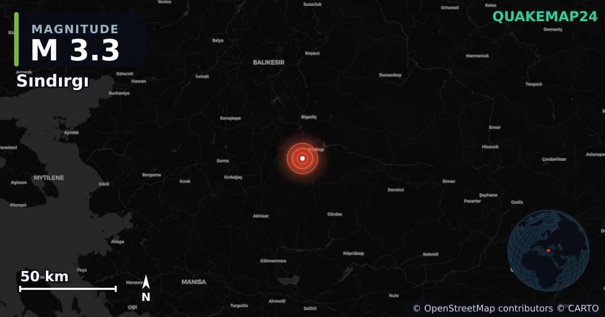 M3.3 earthquake near Sındırgı on Nov 3, 2025 — map of epicenter and shaking intensity | QuakeMap24