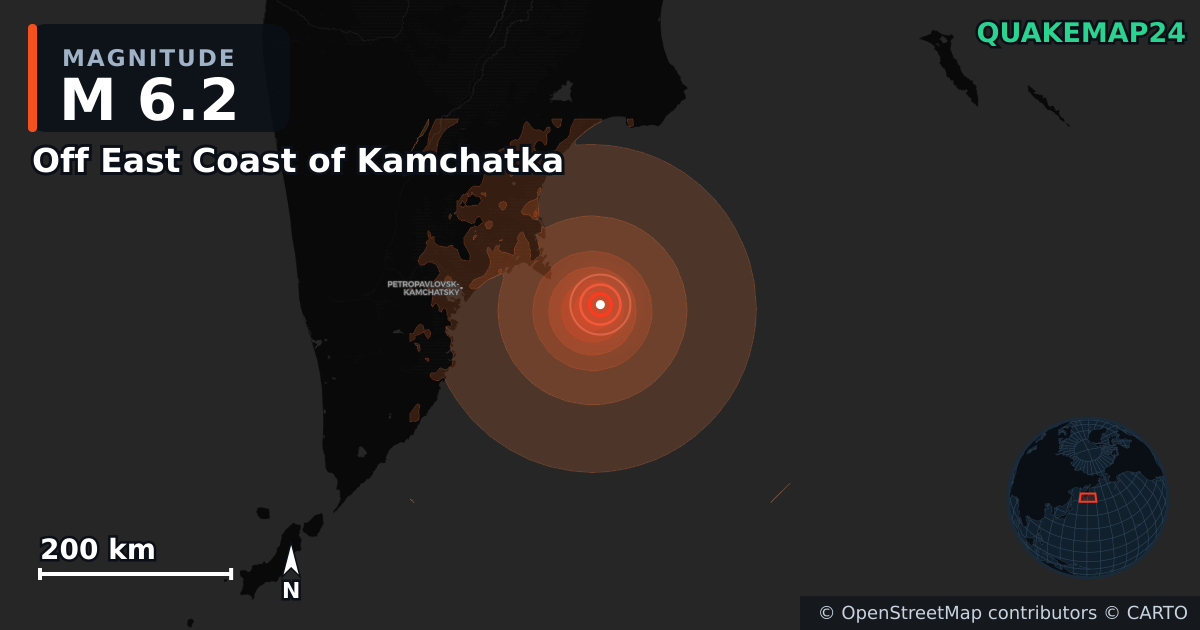 M6.2 earthquake near Off East Coast of Kamchatka on Jun 19, 2026 — map of epicenter and shaking intensity | QuakeMap24