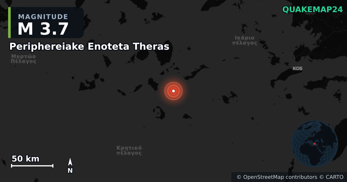 M3.7 earthquake near Periphereiake Enoteta Theras on Dec 20, 2025 — map of epicenter and shaking intensity | QuakeMap24