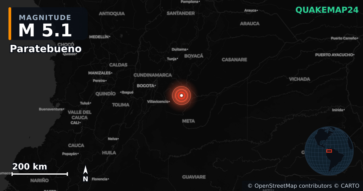M5.1 earthquake near Paratebueno on Jun 8, 2025 — map of epicenter and shaking intensity | QuakeMap24