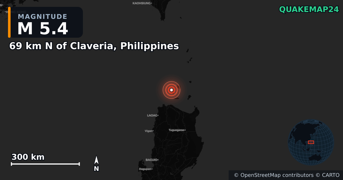 M5.4 earthquake near 69 km N of Claveria, Philippines on Apr 27, 2025 — map of epicenter and shaking intensity | QuakeMap24