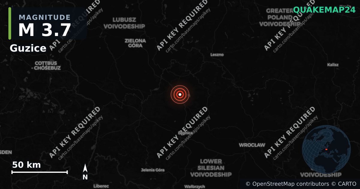 M3.7 earthquake near Guzice on Jun 12, 2026 — map of epicenter and shaking intensity | QuakeMap24