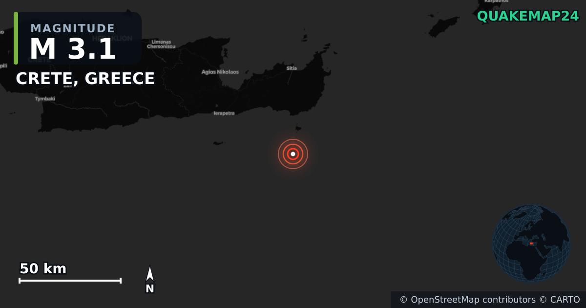 M3.1 earthquake near CRETE, GREECE on Jul 1, 2026 — map of epicenter and shaking intensity | QuakeMap24