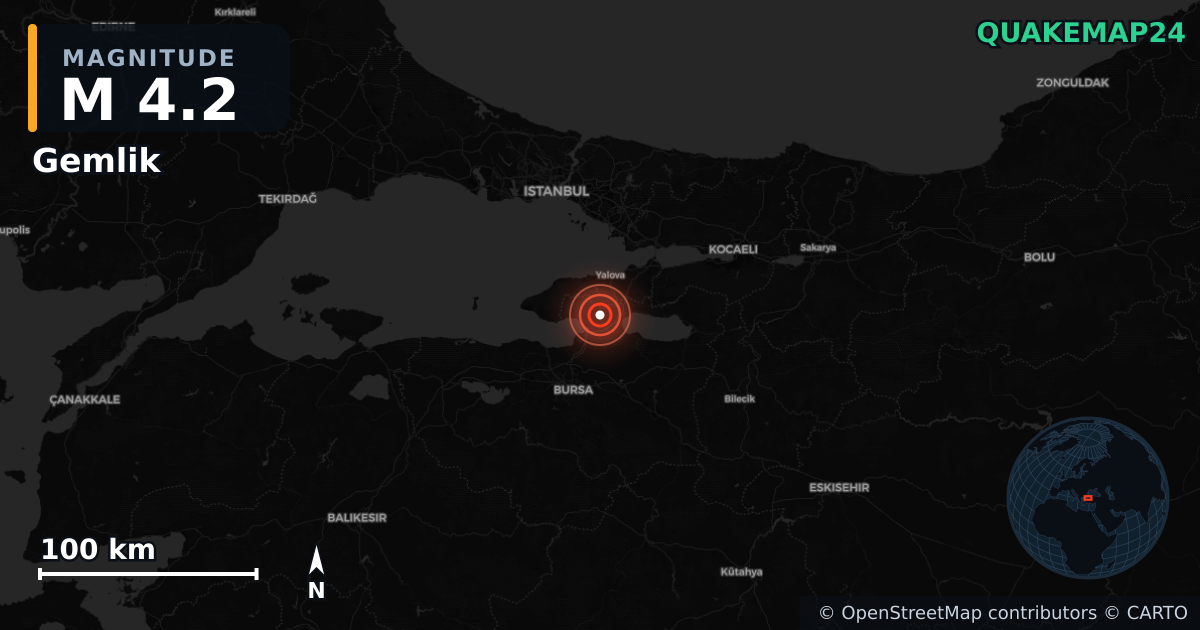 M4.2 earthquake near Gemlik on Jul 1, 2025 — map of epicenter and shaking intensity | QuakeMap24