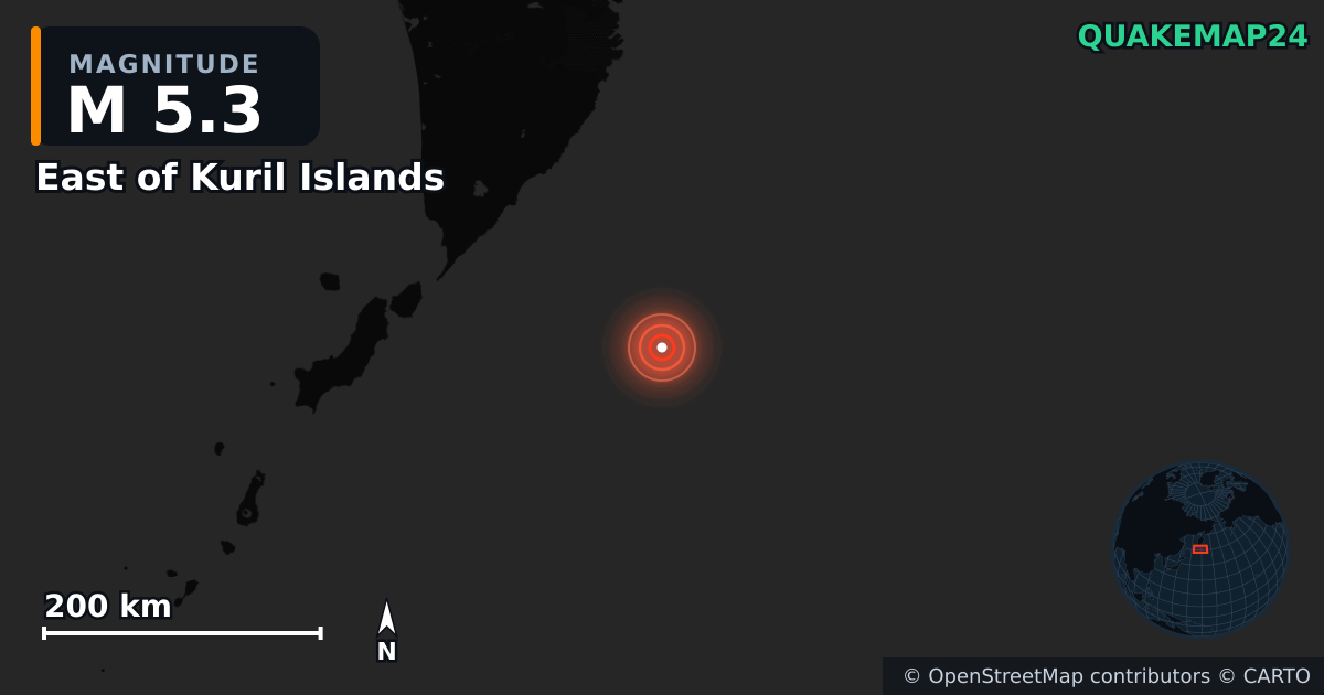 M5.3 earthquake near East of Kuril Islands on Aug 2, 2025 — map of epicenter and shaking intensity | QuakeMap24