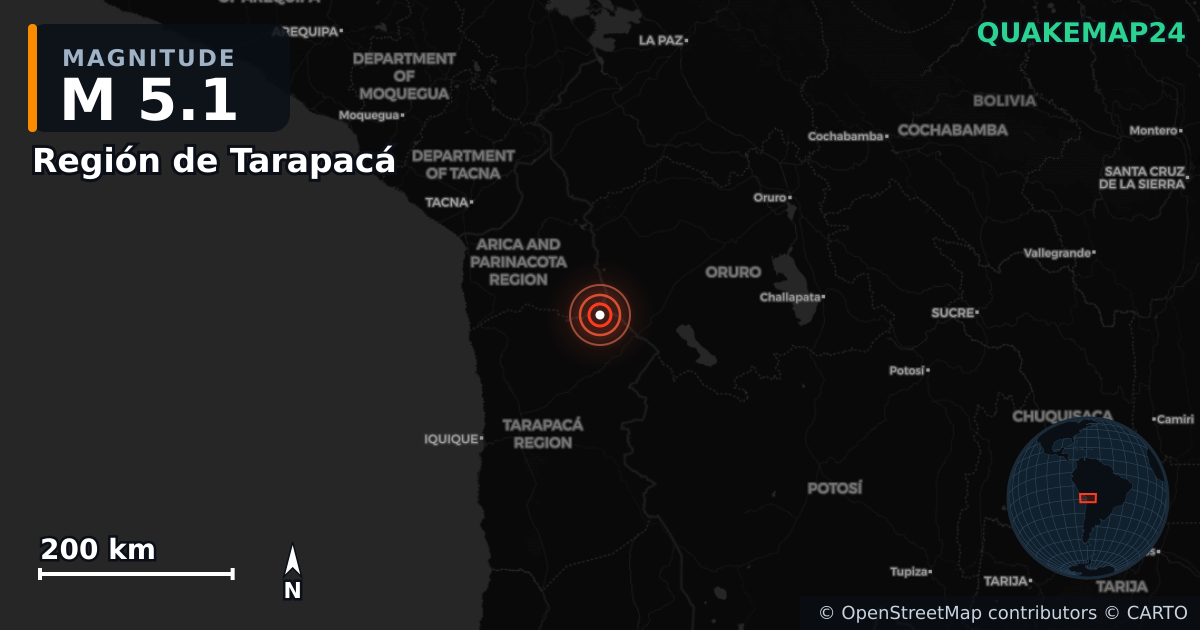 M5.1 earthquake near Región de Tarapacá on Jul 10, 2025 — map of epicenter and shaking intensity | QuakeMap24