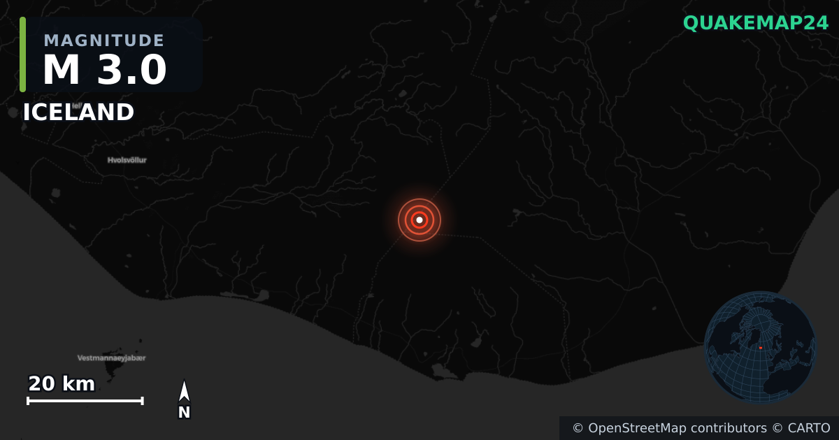 M3.0 earthquake near ICELAND on Sep 25, 2025 — map of epicenter and shaking intensity | QuakeMap24