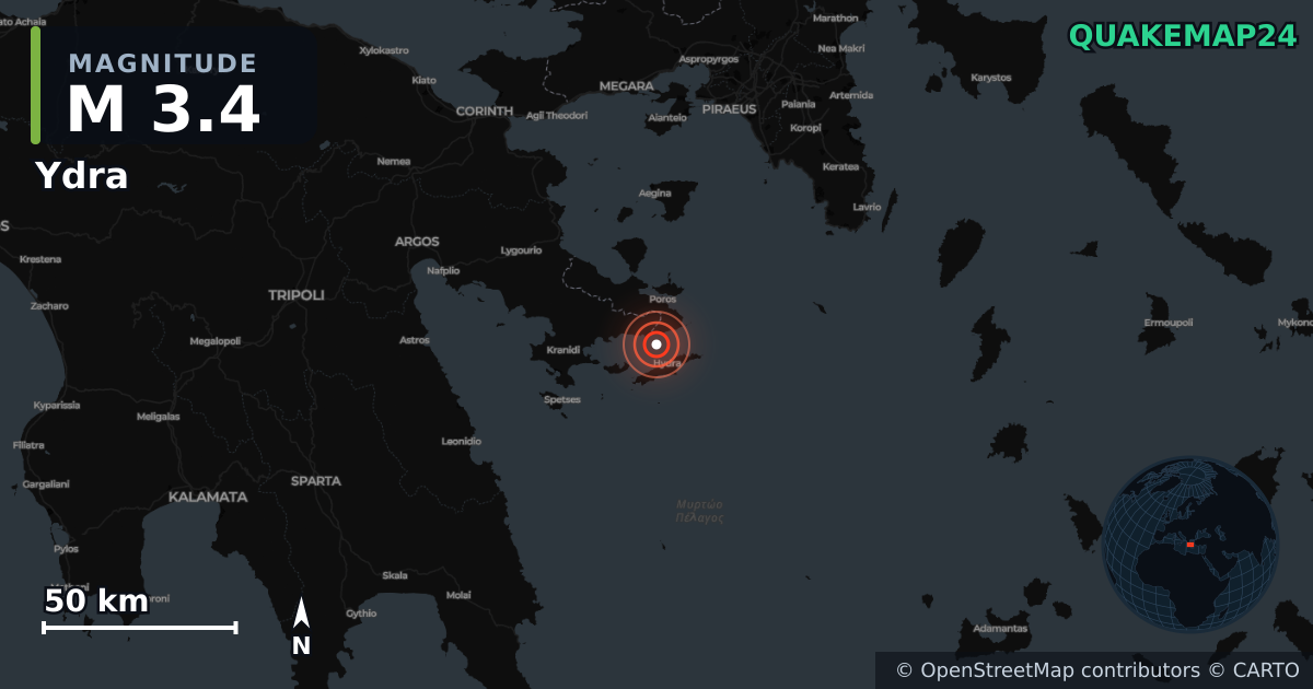 Σεισμός M3,4 κοντά στο Ύδρα, Περιφέρεια Αττικής (Ελλάδα) · 2026-05-20 — Χάρτης της θέσης του επικέντρου
