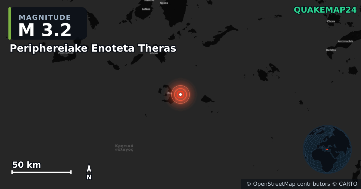 M3.2 earthquake near Periphereiake Enoteta Theras on Jan 14, 2026 — map of epicenter and shaking intensity | QuakeMap24