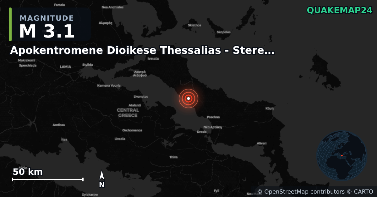 M3.1 earthquake near Apokentromene Dioikese Thessalias - Stereas Ellados on Aug 22, 2025 — map of epicenter and shaking intensity | QuakeMap24