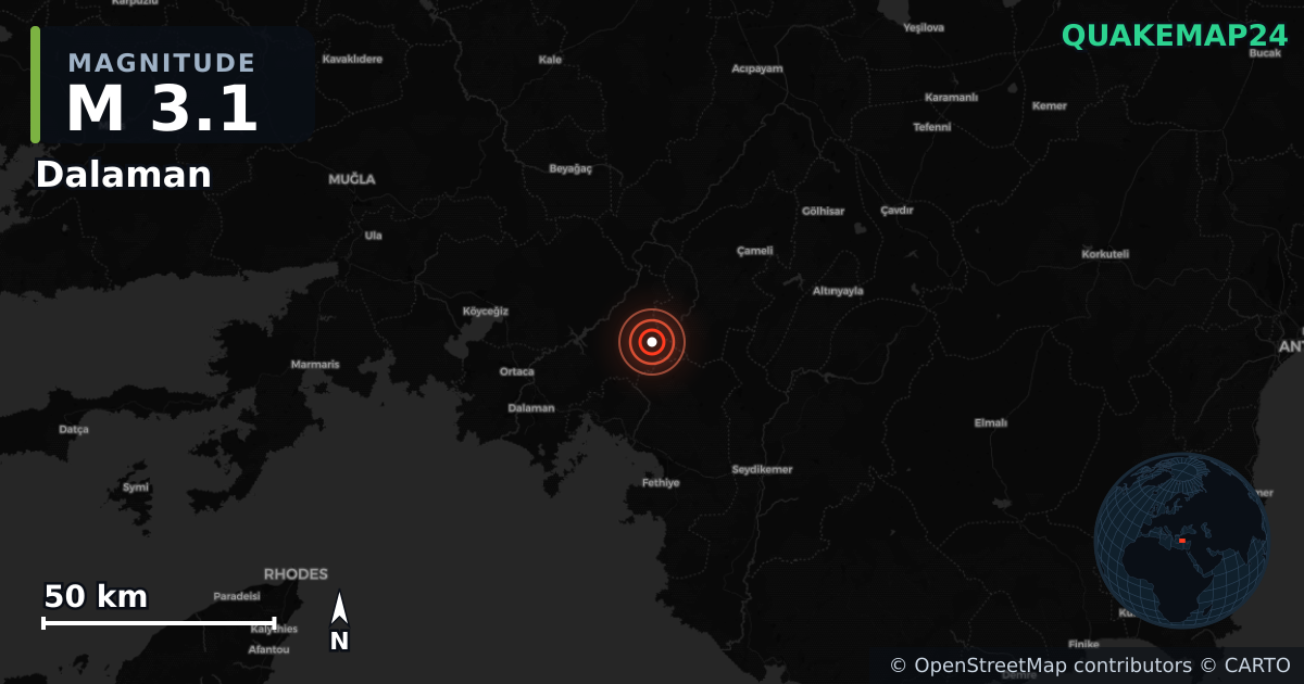 M3.1 earthquake near Dalaman on May 6, 2026 — map of epicenter and shaking intensity | QuakeMap24