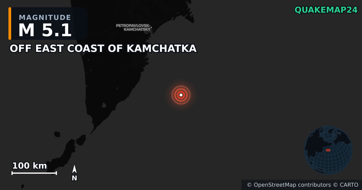 M5.1 earthquake near OFF EAST COAST OF KAMCHATKA on Jul 31, 2025 — map of epicenter and shaking intensity | QuakeMap24