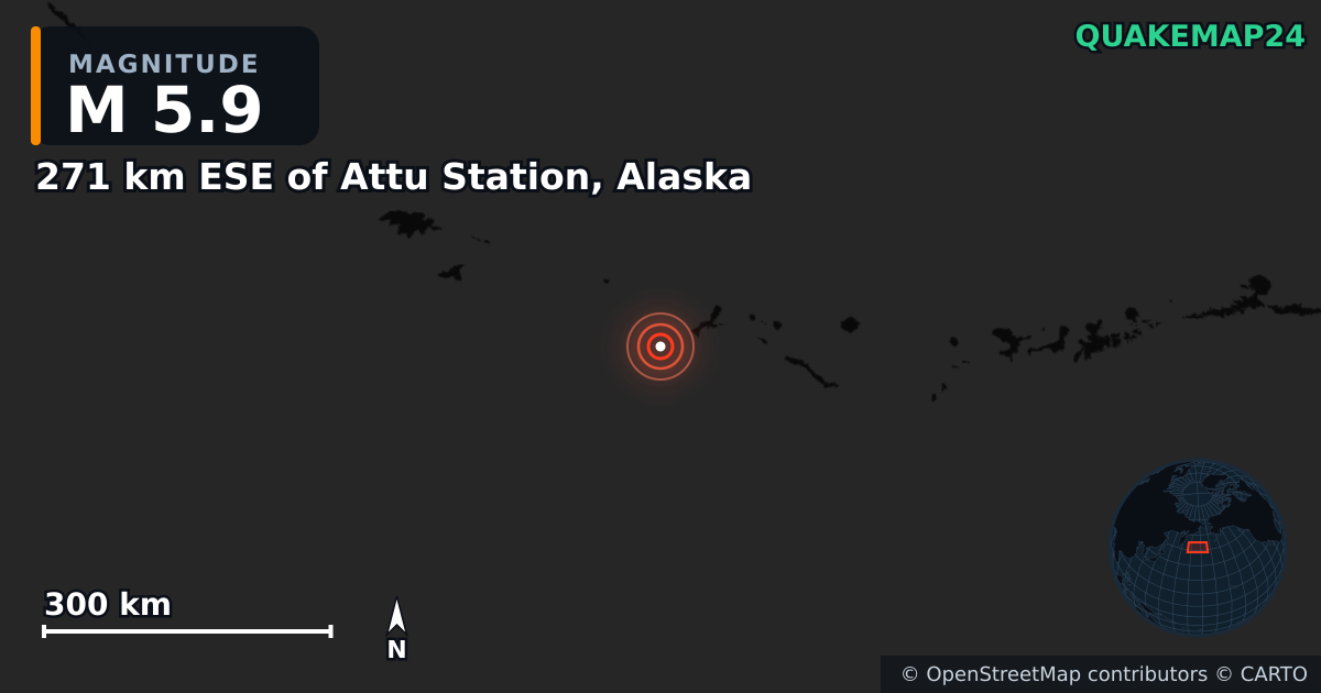 M5.9 earthquake near 271 km ESE of Attu Station, Alaska on Jan 15, 2026 — map of epicenter and shaking intensity | QuakeMap24