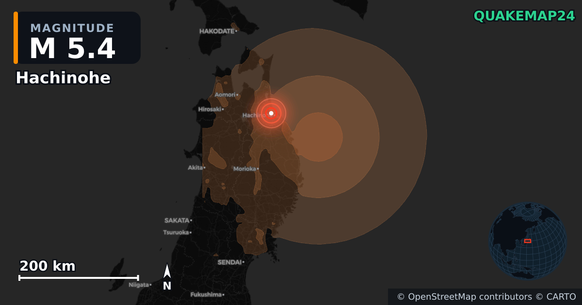M5.4 earthquake near Hachinohe on Aug 8, 2026 — map of epicenter and shaking intensity | QuakeMap24