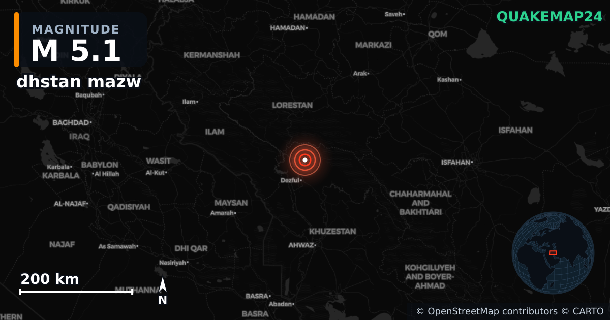M5.1 earthquake near dhstan mazw on Feb 16, 2025 — map of epicenter and shaking intensity | QuakeMap24